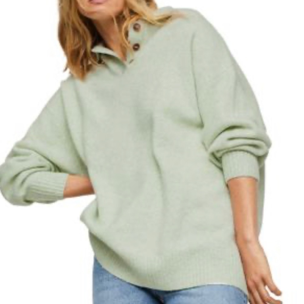 Mango Wool Blend Oversized Mint Green Tunic Sweater Polo Shirt